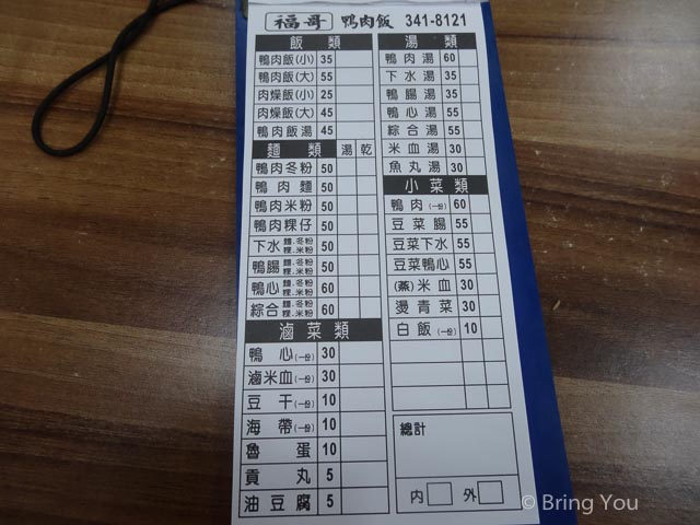 一哥鴨肉飯菜單