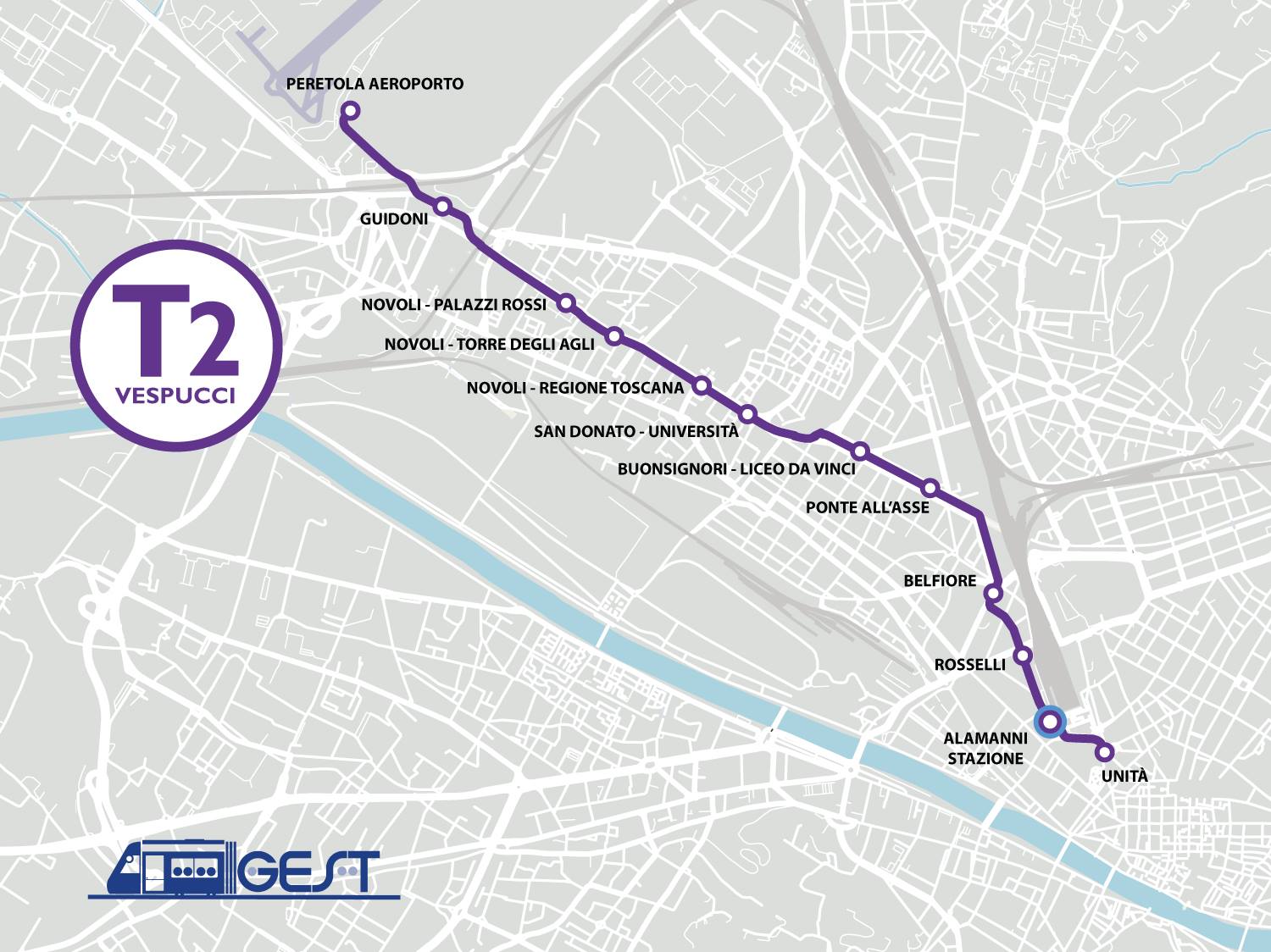 意大利佛罗伦斯机场交通|路面电车 T2 line 地图